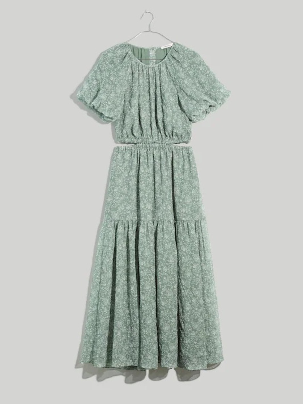 Seersucker Puff-Sleeve Cutout Midi Dress in Piazza Floral, color Ashen Sage